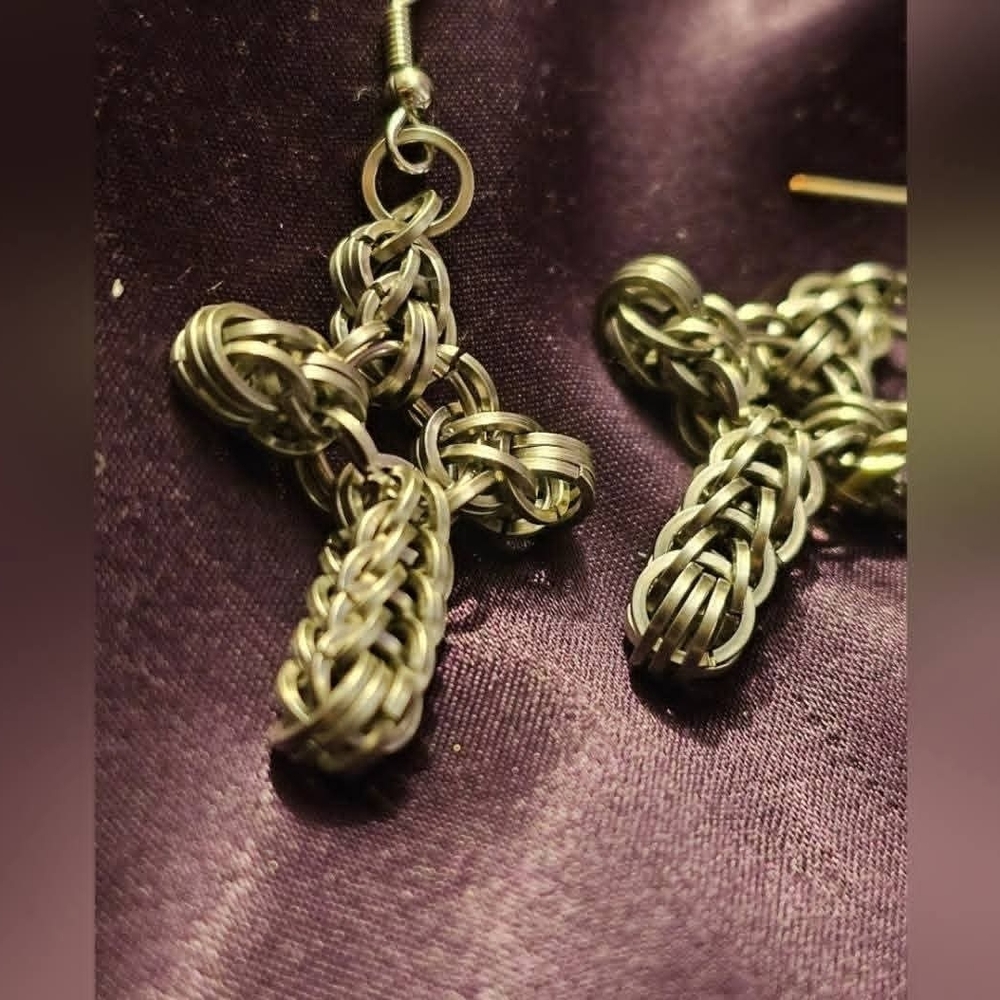 Silver Cross Chainmail Earrings